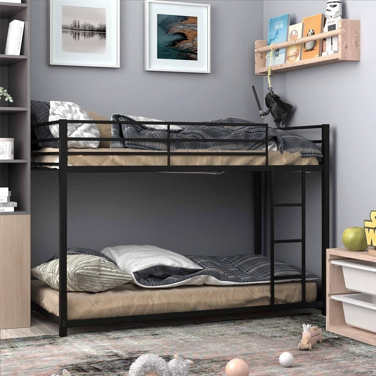 Twin over Twin Low Profile Modern Bunk Bed Frame in Black Metal Finish - Free Shipping