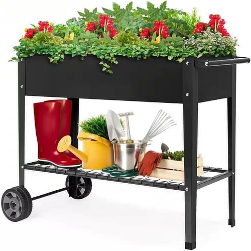 Black Metal Raised Garden Bed Planter Cart on Wheels 37-inch x 15-inch - Free Shipping