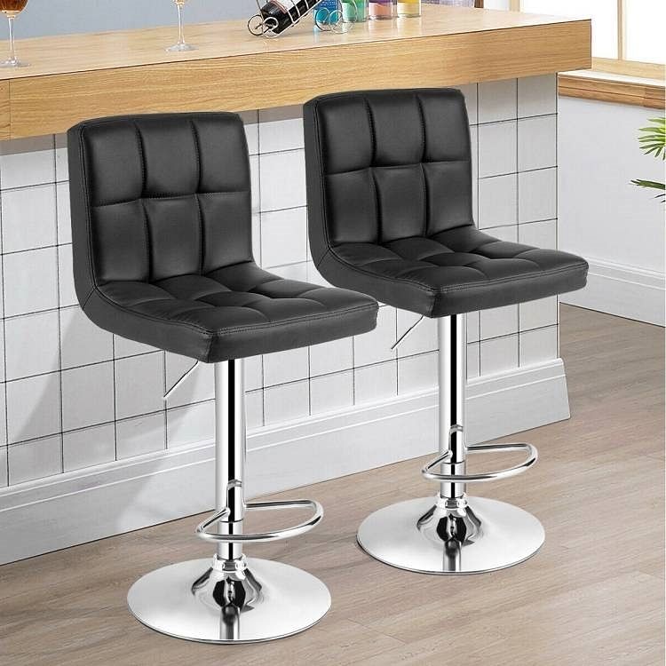 Set of 2 Modern Adjustable Height Bar Stools with Black PU Leather Swivel Seat - Free Shipping 