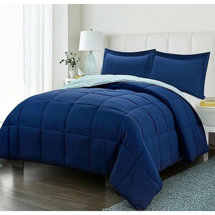 Twin/Twin XL Traditional Microfiber Reversible 3 Piece Comforter Set in Blue/Navy - Free Shipping