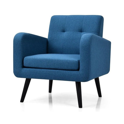 Mid-Century Modern Blue Linen Upholstered Accent Chair with Wooden Legs - Free Shipping 