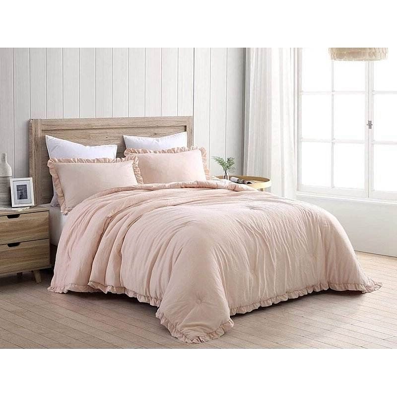 Queen Oversized Pink Ruffled Edge Microfiber Comforter Set - Free Shipping 