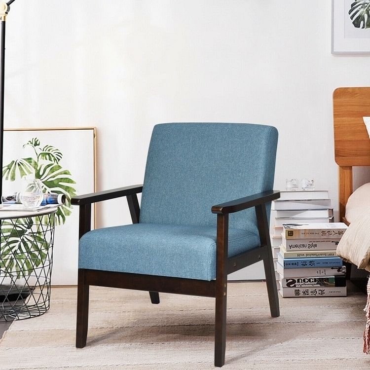 Retro Modern Classic Blue Linen Wide Accent Chair with Espresso Wood Frame - Free Shipping