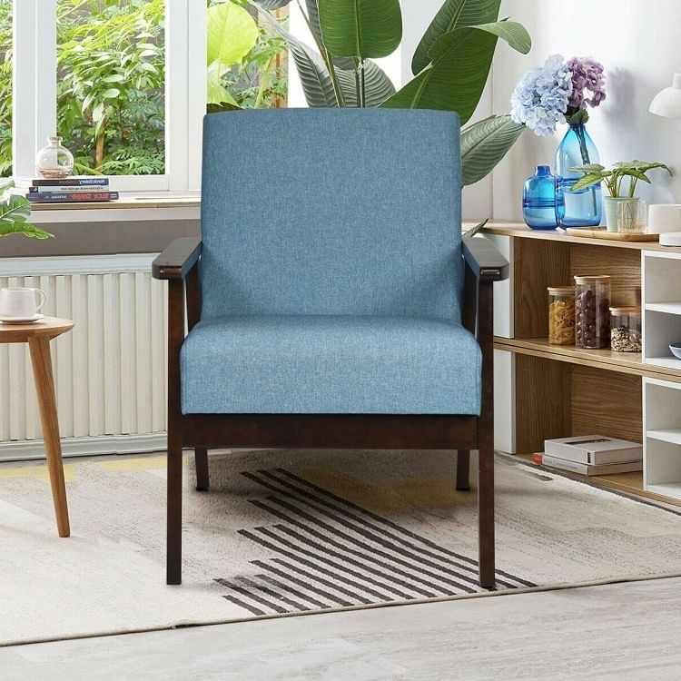 Retro Modern Classic Blue Linen Wide Accent Chair with Espresso Wood Frame - Free Shipping