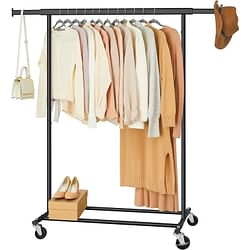Heavy Duty Black Metal Garment Rack Clothes Hanging Bar on Lockable Wheels - Free Shipping 