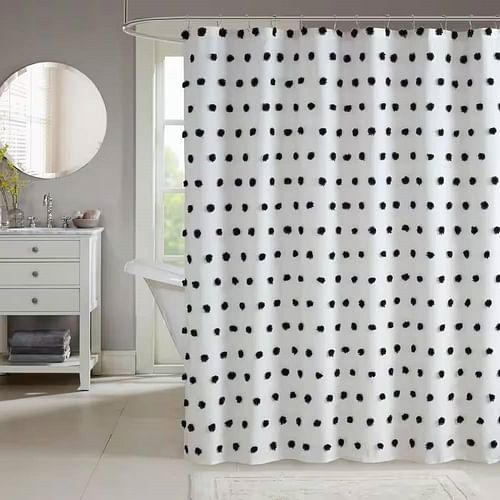 72-inch White Polyester Fabric Shower Curtain with Black Pom Pom Polka Dots - Free Shipping 