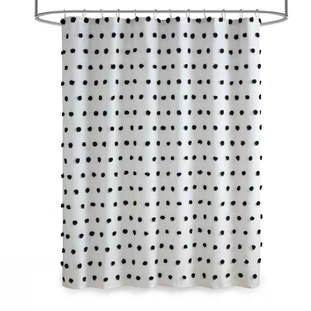 72-inch White Polyester Fabric Shower Curtain with Black Pom Pom Polka Dots - Free Shipping 
