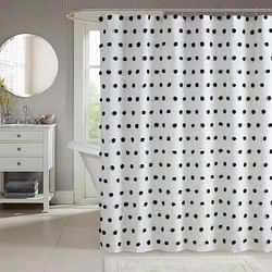 72-inch White Polyester Fabric Shower Curtain with Black Pom Pom Polka Dots - Free Shipping 