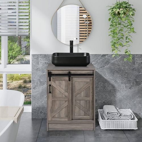 Modern Farmhouse Bathroom Vanity w/ Barn Wood Sliding Door / Black Ceramic Sink - Free Shipping