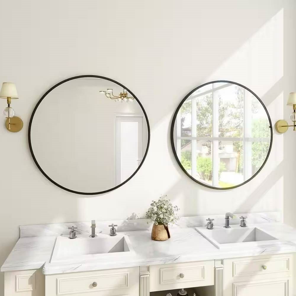 Round 24-inch Circular Bathroom Wall Mirror with Black Frame - Free Shipping