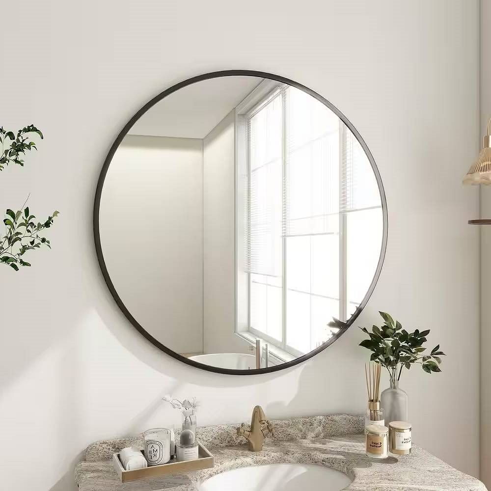 Round 24-inch Circular Bathroom Wall Mirror with Black Frame - Free Shipping