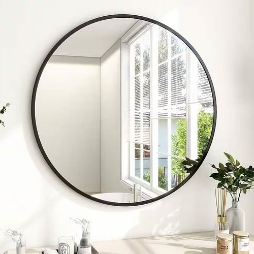 Round 24-inch Circular Bathroom Wall Mirror with Black Frame - Free Shipping