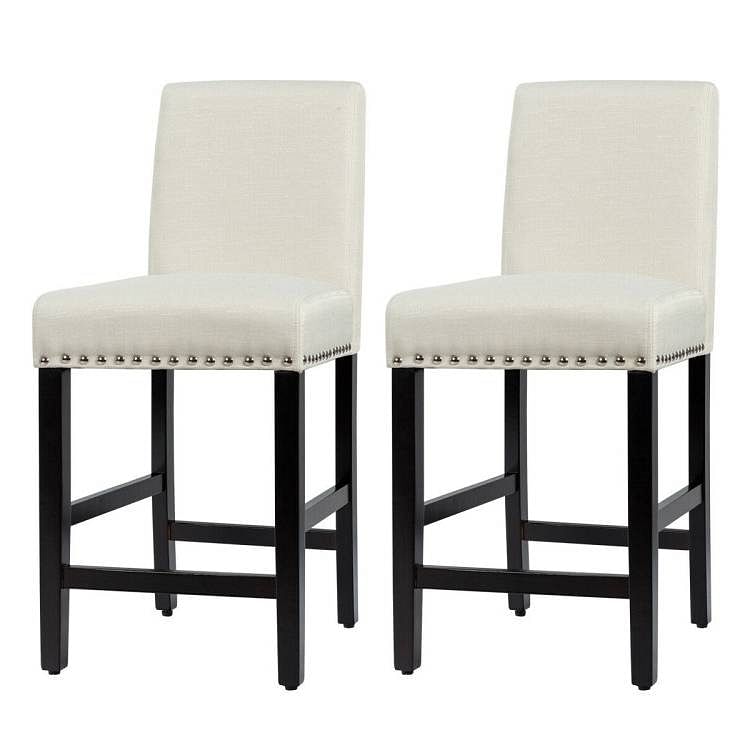 Set of 2 Modern Kitchen Dining Barstools w/ Black Wood Legs and Beige Linen Seat - Free Shipping 