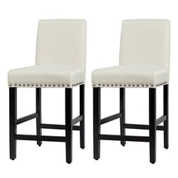 Set of 2 Modern Kitchen Dining Barstools w/ Black Wood Legs and Beige Linen Seat - Free Shipping 