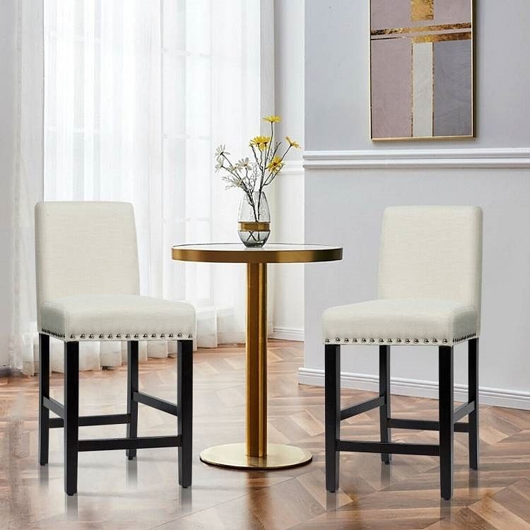 Set of 2 Modern Kitchen Dining Barstools w/ Black Wood Legs and Beige Linen Seat - Free Shipping 