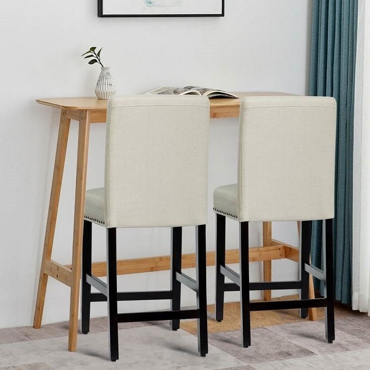 Set of 2 Modern Kitchen Dining Barstools w/ Black Wood Legs and Beige Linen Seat - Free Shipping 