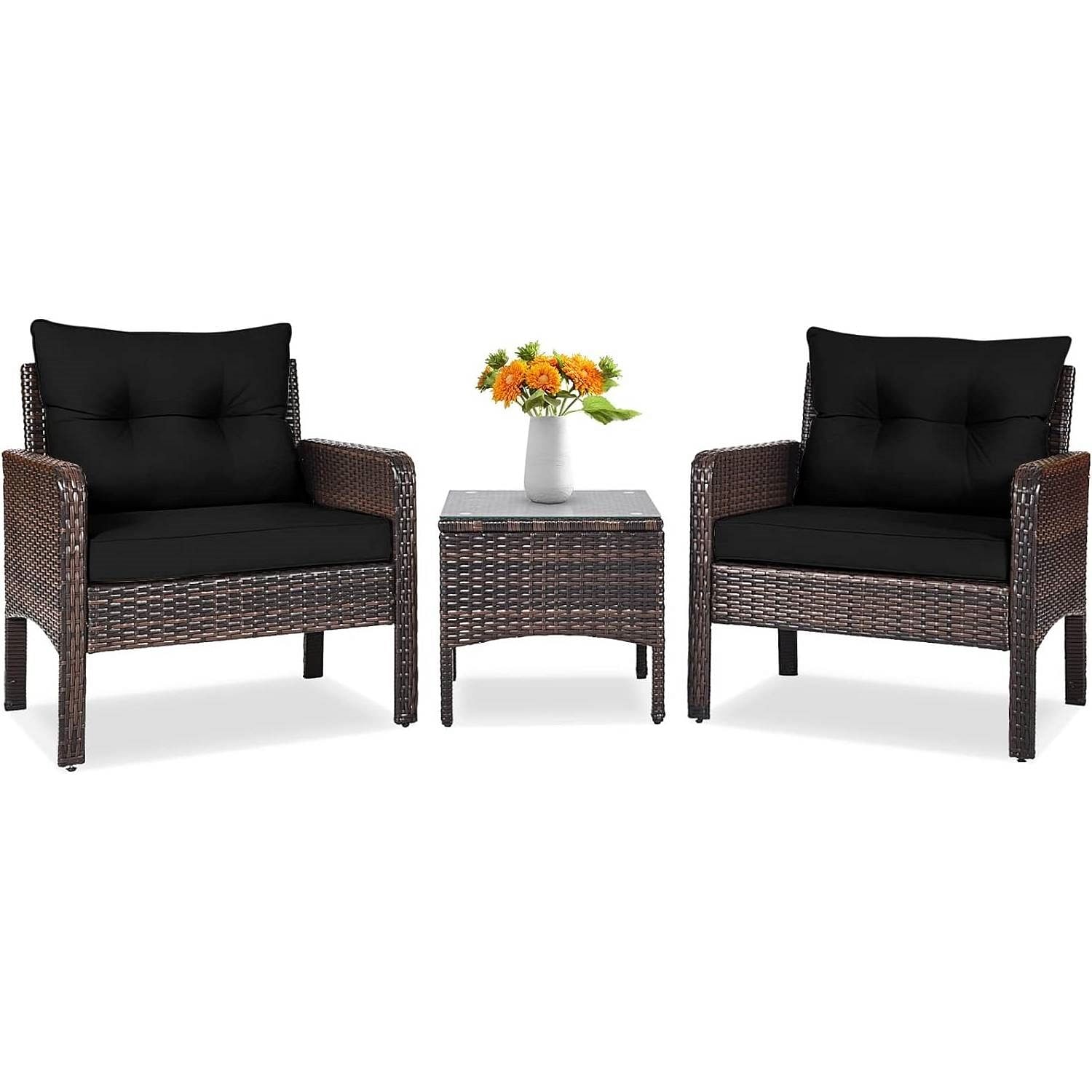 3-Piece Brown PE Rattan Outdoor Dining Patio Furniture Set with Black Cushions - Free Shipping 