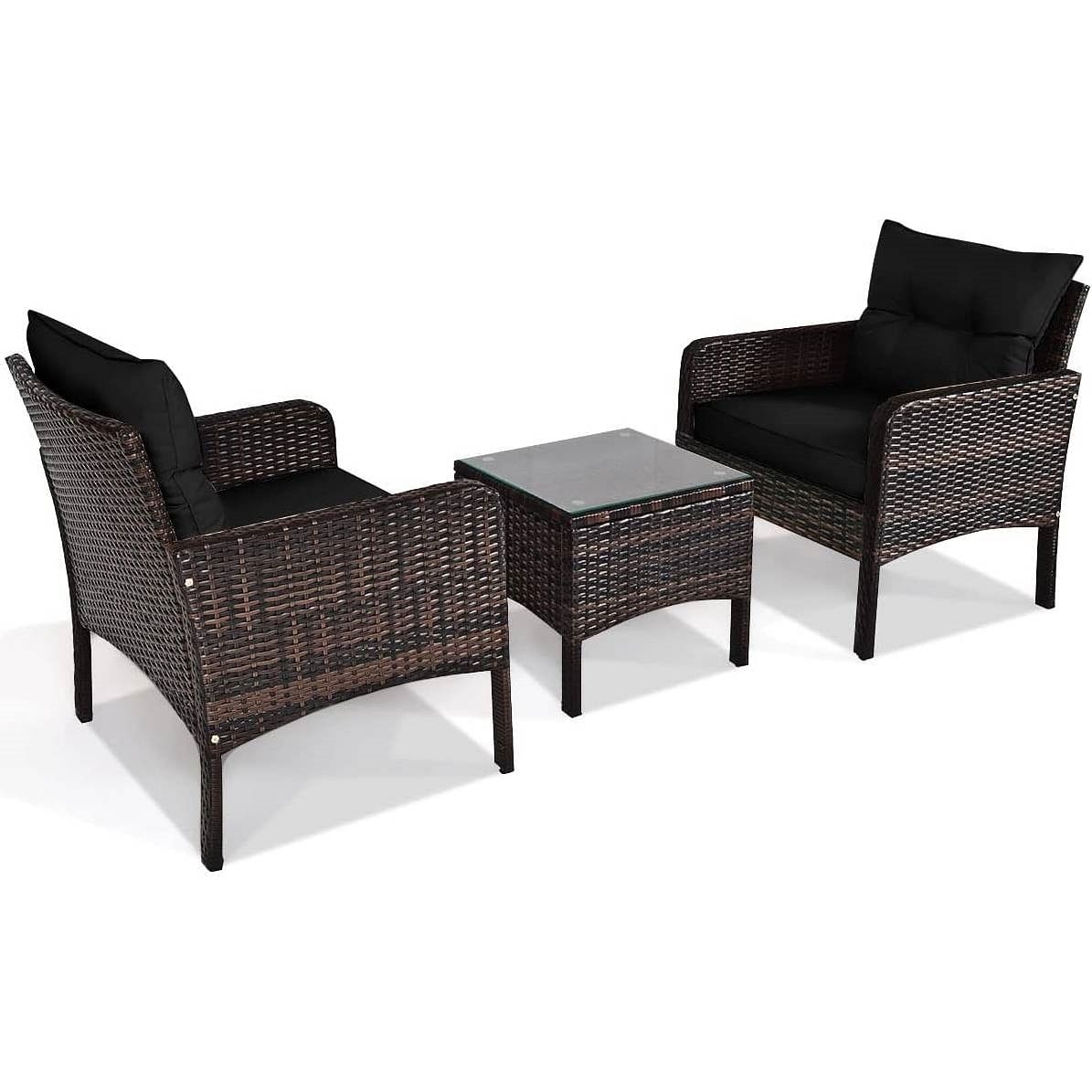 3-Piece Brown PE Rattan Outdoor Dining Patio Furniture Set with Black Cushions - Free Shipping