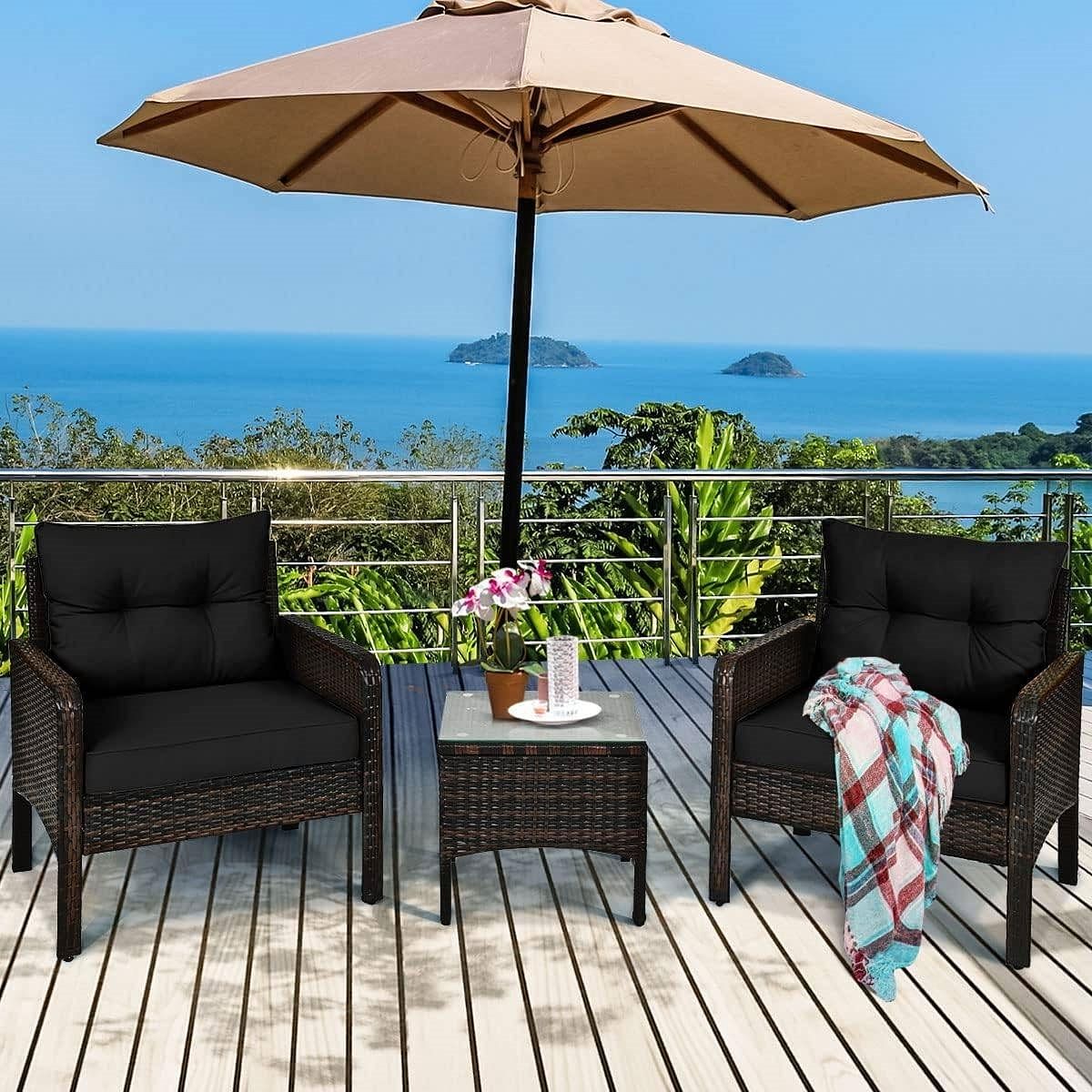 3-Piece Brown PE Rattan Outdoor Dining Patio Furniture Set with Black Cushions - Free Shipping