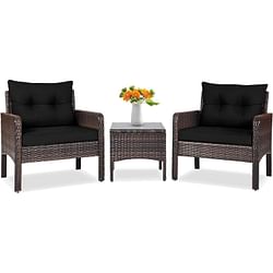 3-Piece Brown PE Rattan Outdoor Dining Patio Furniture Set with Black Cushions - Free Shipping