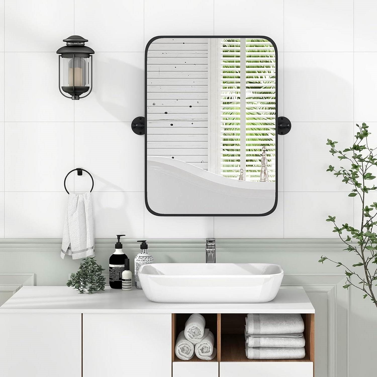 30 x 22 inch Bathroom Wall Mirror with Easy Tilt Pivot and Black Frame - Free Shipping