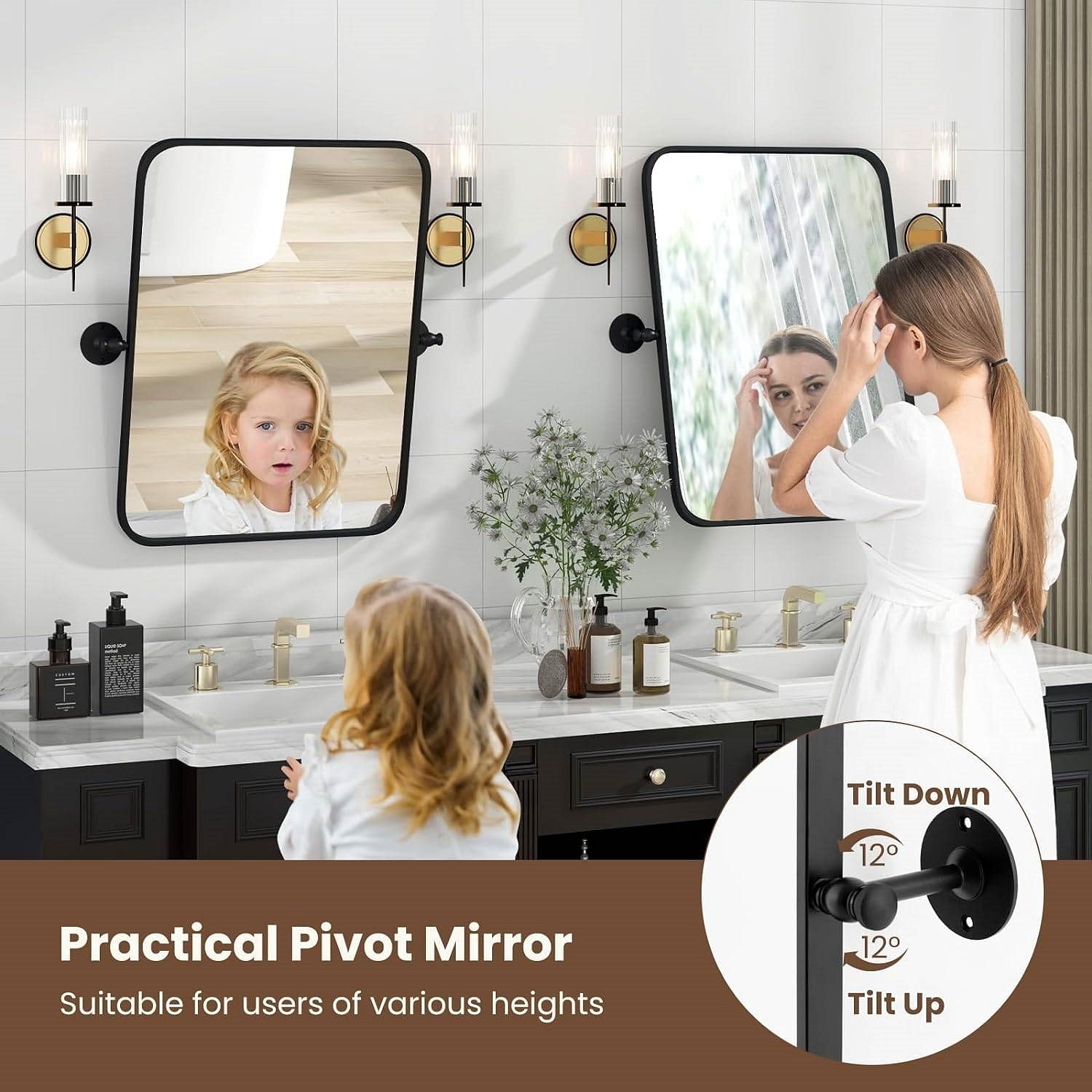 30 x 22 inch Bathroom Wall Mirror with Easy Tilt Pivot and Black Frame - Free Shipping