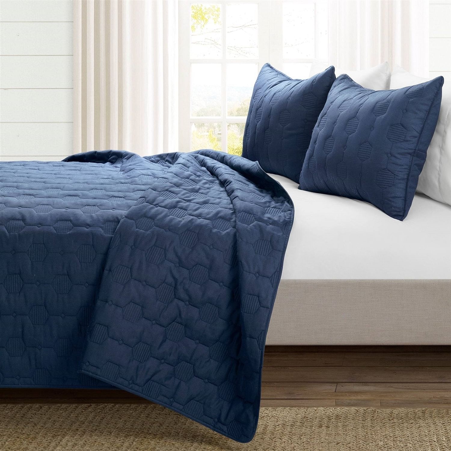 Full/Queen size Lightweight Blue Textured Cotton 3 Piece Quilt Set - Free Shipping 