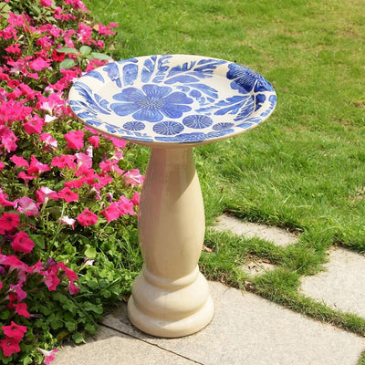 Ivory Cream Blue Glazed Ceramic Outdoor Garden Patio Birdbath - Free Shipping 