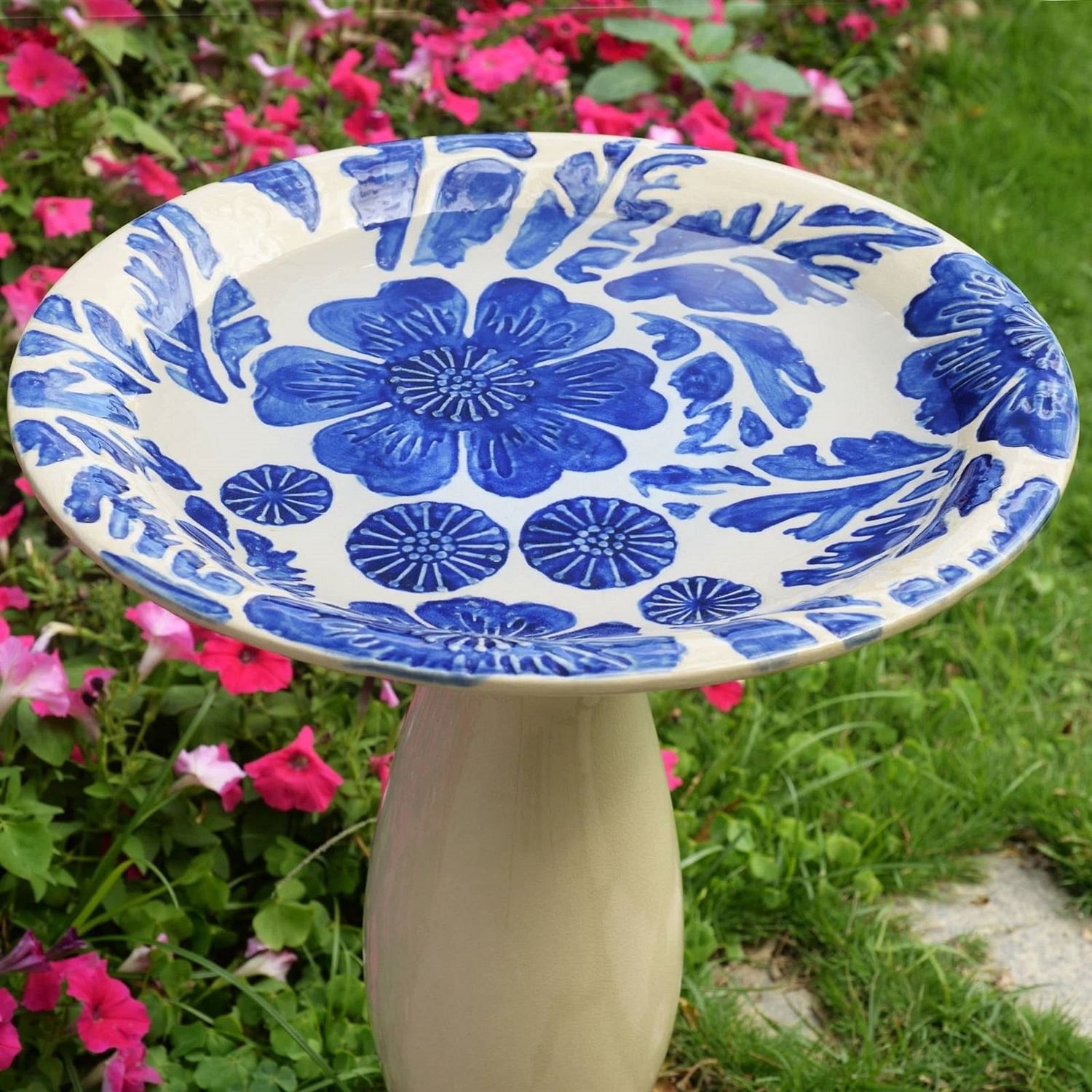 Ivory Cream Blue Glazed Ceramic Outdoor Garden Patio Birdbath - Free Shipping 