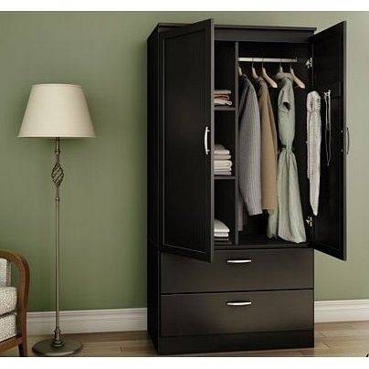 Modern Two Door Wardrobe Armoire with Two Drawers and Hanging Rod Storage, Black - Free Shipping 