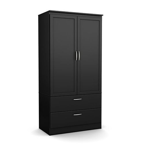 Modern Two Door Wardrobe Armoire with Two Drawers and Hanging Rod Storage, Black - Free Shipping 