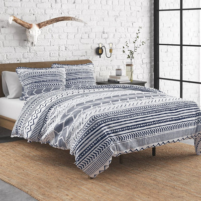 3 Piece Scandinavian Blue White Reversible Cotton Set in Full/Queen - Free Shipping 