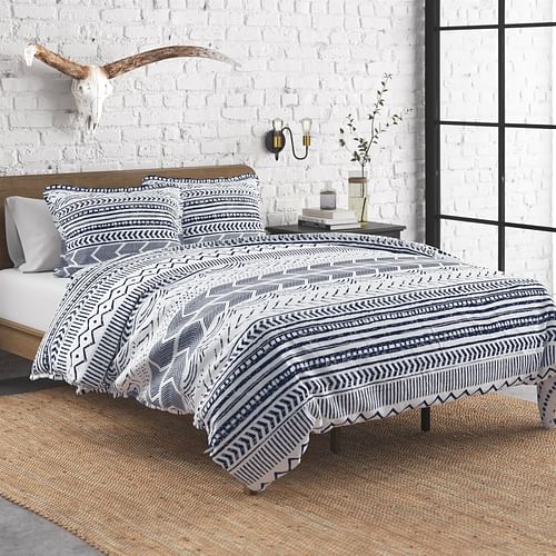 3 Piece Scandinavian Blue White Reversible Cotton Set in Full/Queen - Free Shipping