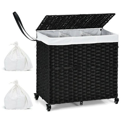 Black 3 Bin Linen Lined on Wheels PR Rattan Laundry Hamper - Free Shipping 