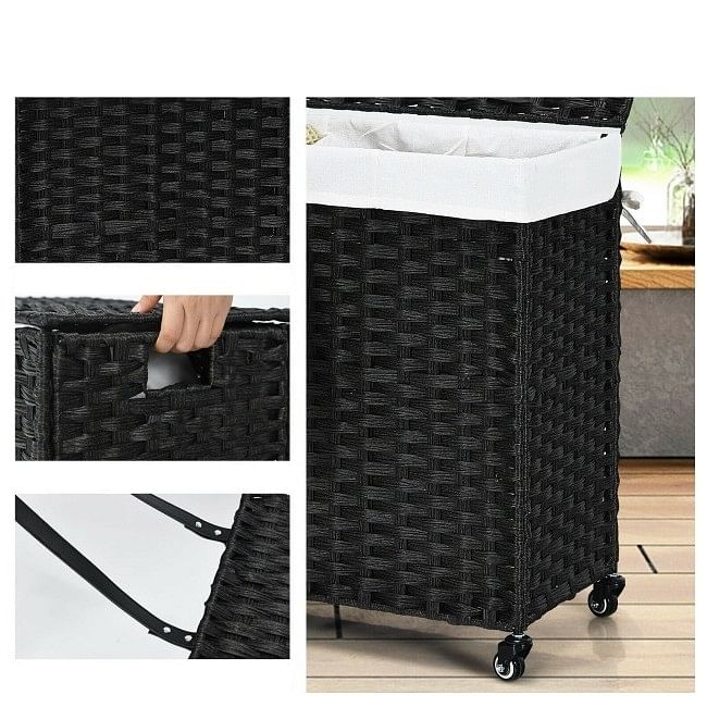 Black 3 Bin Linen Lined on Wheels PR Rattan Laundry Hamper - Free Shipping