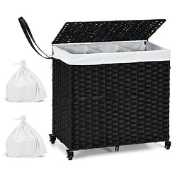 Black 3 Bin Linen Lined on Wheels PR Rattan Laundry Hamper - Free Shipping