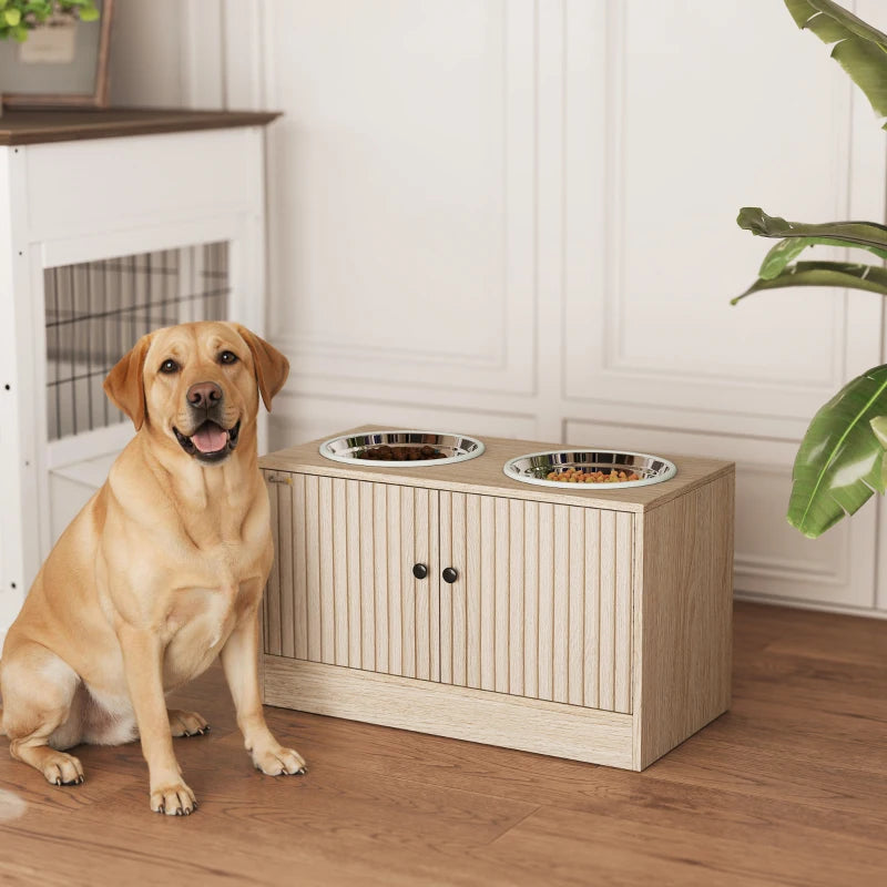 Raised Dog Bowls with Storage, Slow Feeder,  2 Stainless Steel Food and Water Bowl Non-Slip, Oak