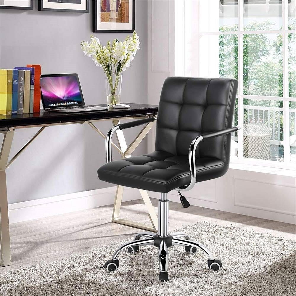 Modern Mid-Back Black Faux Leather Office Chair with Removable Arms - Free Shipping 