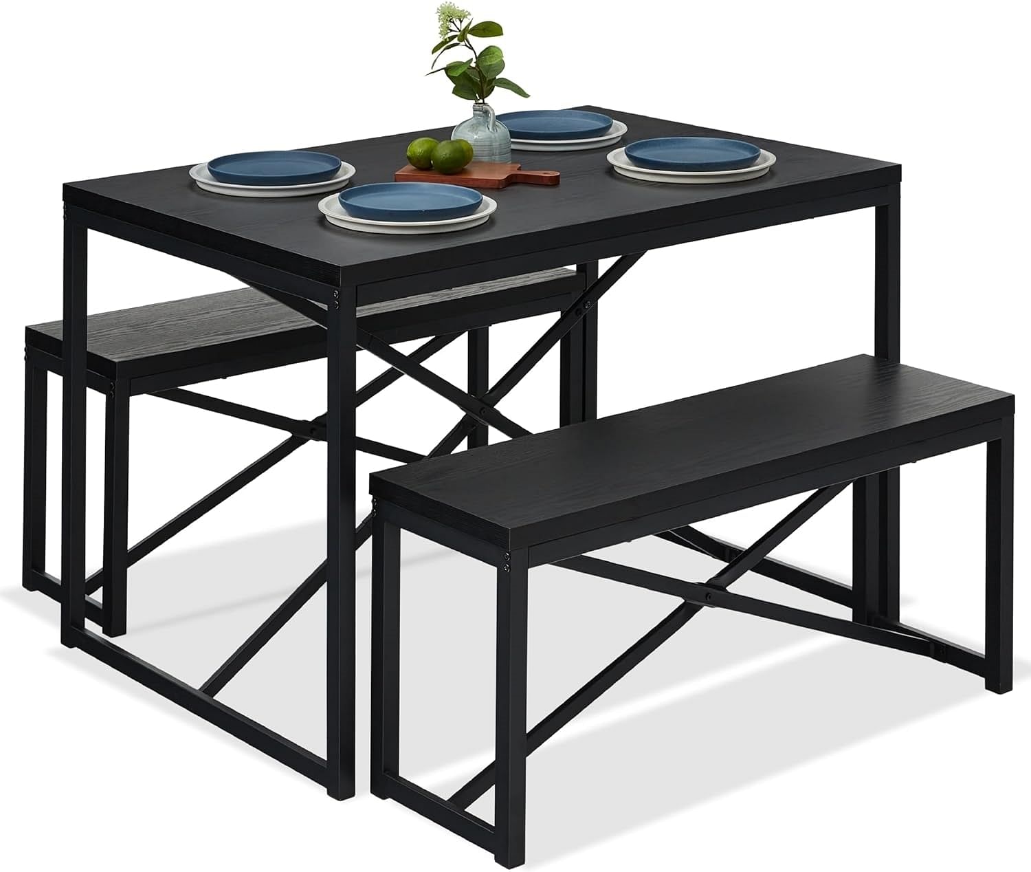 Modern 3-Piece Dining Set - Metal Frame Black Wood Top Table and 2 Bench Chairs - Free Shipping 