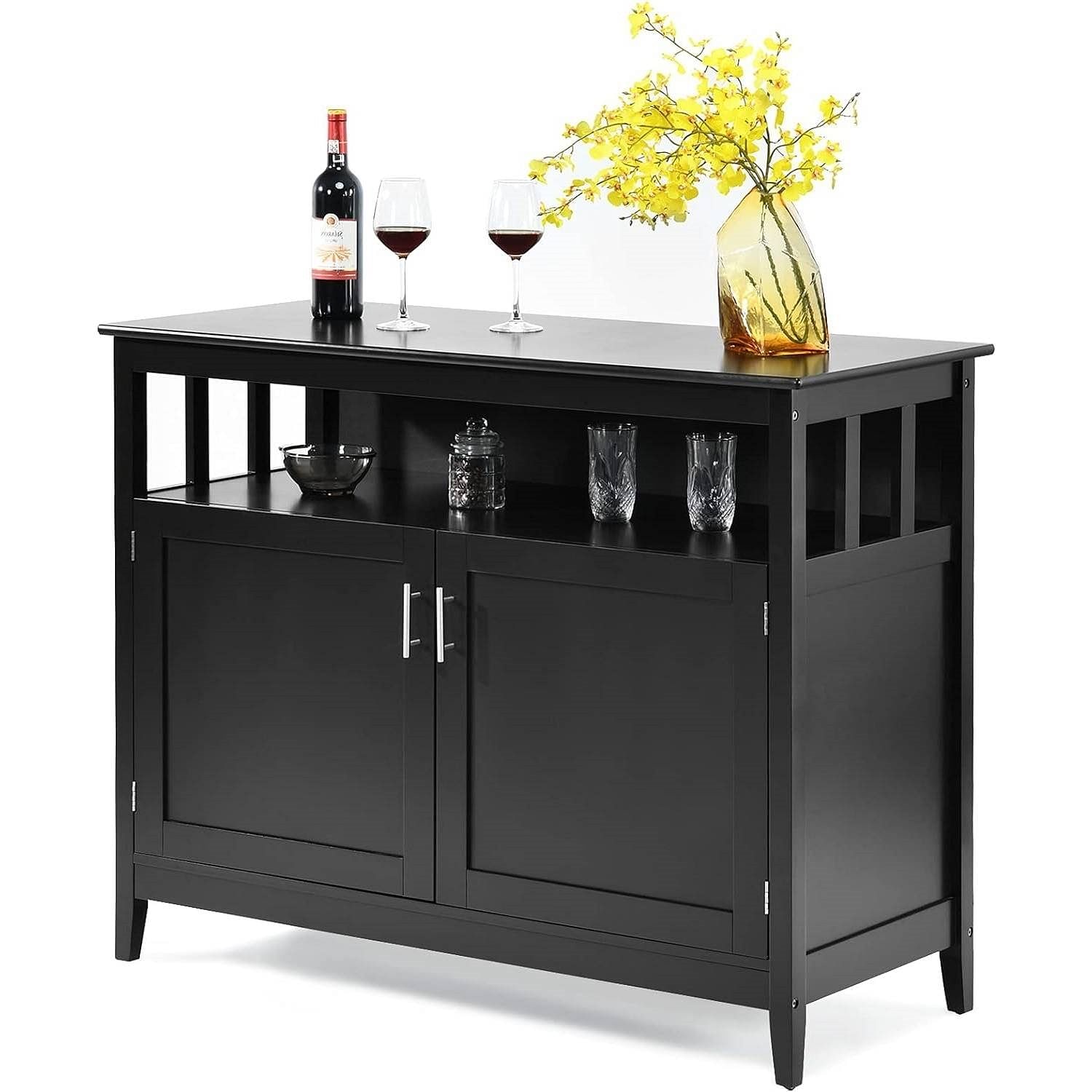 Black Wood 2-Door Dining Buffet Sideboard Cabinet with Open Storage Shelf - Free Shipping 