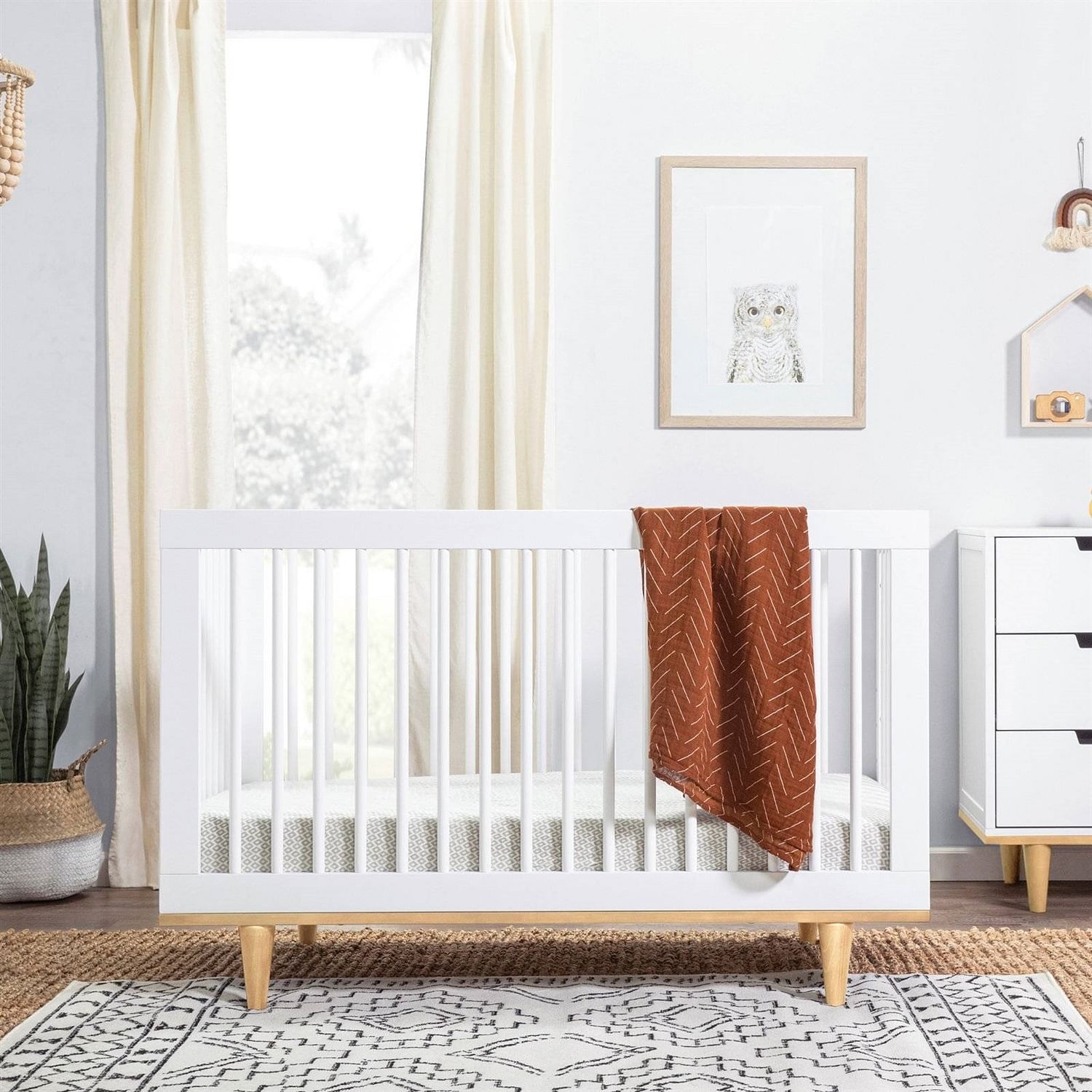 Modern Classic Solid Wooden Crib in White with Natural Wood Legs - Free Shipping