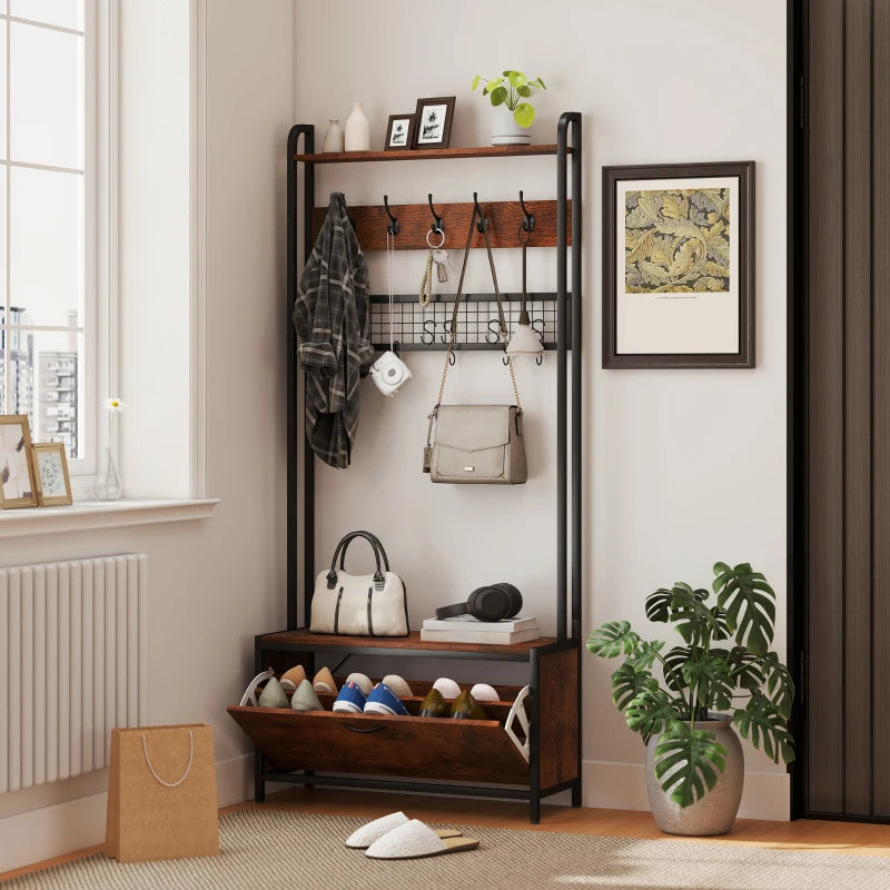 5-In-1 Coat Rack Shoe Bench, Hall Tree with Bench, Shoe Cabinet, 10 Hooks for Hallway, Mud Room, Rustic Brown