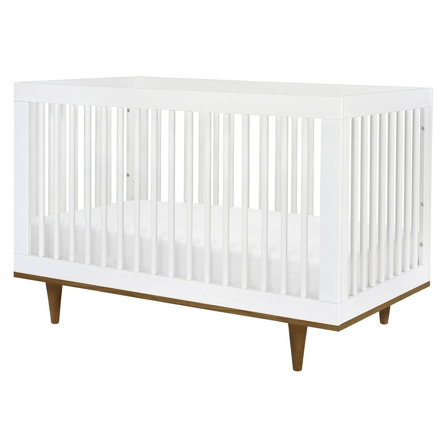 3-in-1 Modern Solid Wood Crib in White with Mid Century Style Legs in Walnut - Free Shipping