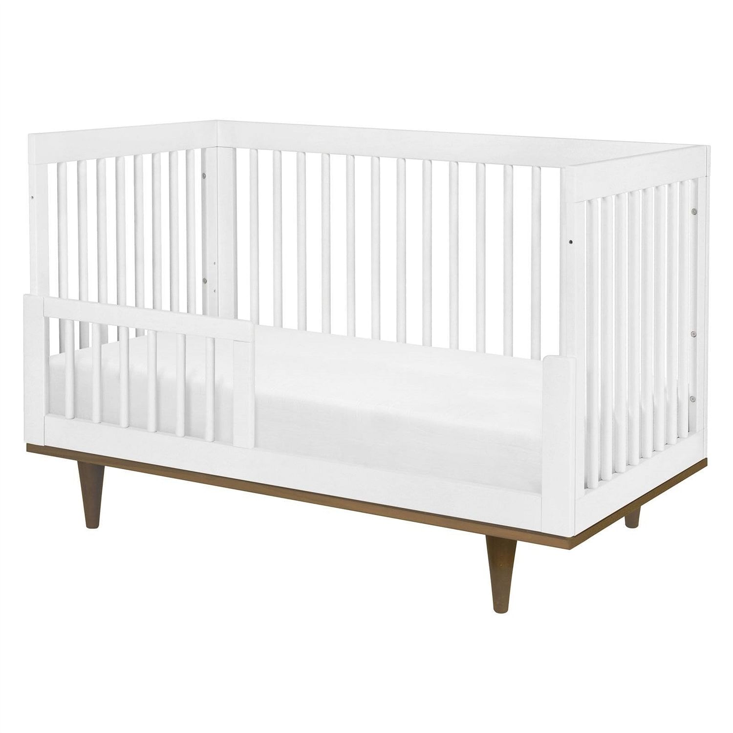 3-in-1 Modern Solid Wood Crib in White with Mid Century Style Legs in Walnut - Free Shipping