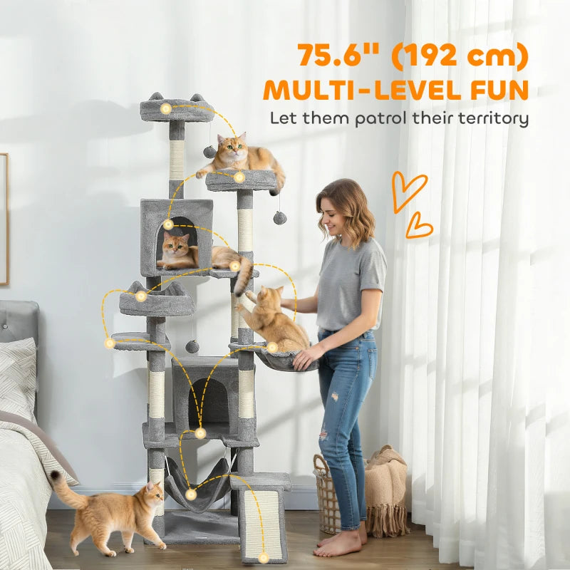 76" Large Cat Tree for Indoor Cats with 8 Scratching Posts, 3 Plush Beds, 2 Hammocks, 2 Large Condos, Ramp, Light Grey