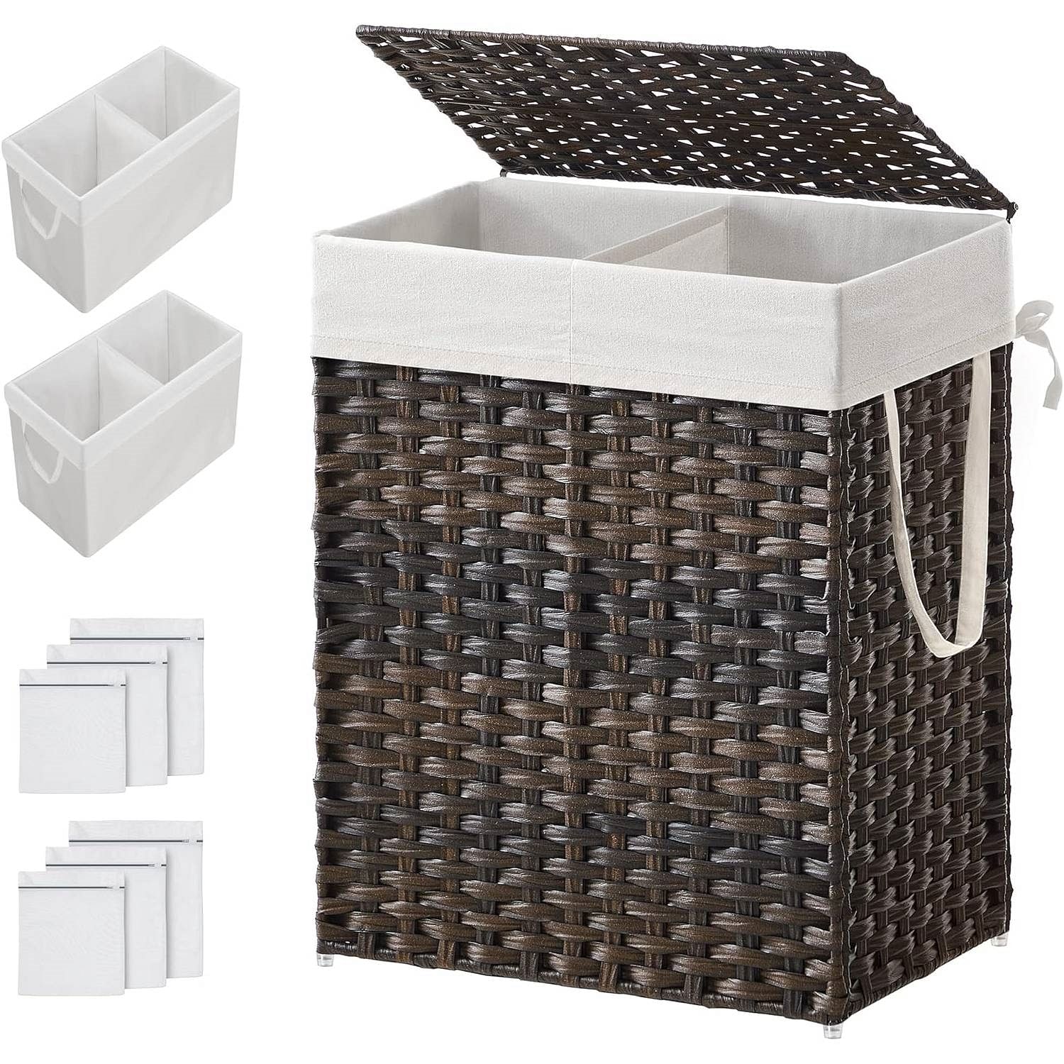Brown PP Rattan 24-Gal Laundry Hamper Basket w/ 2-Compartment Washable Liner Bag - Free Shipping 