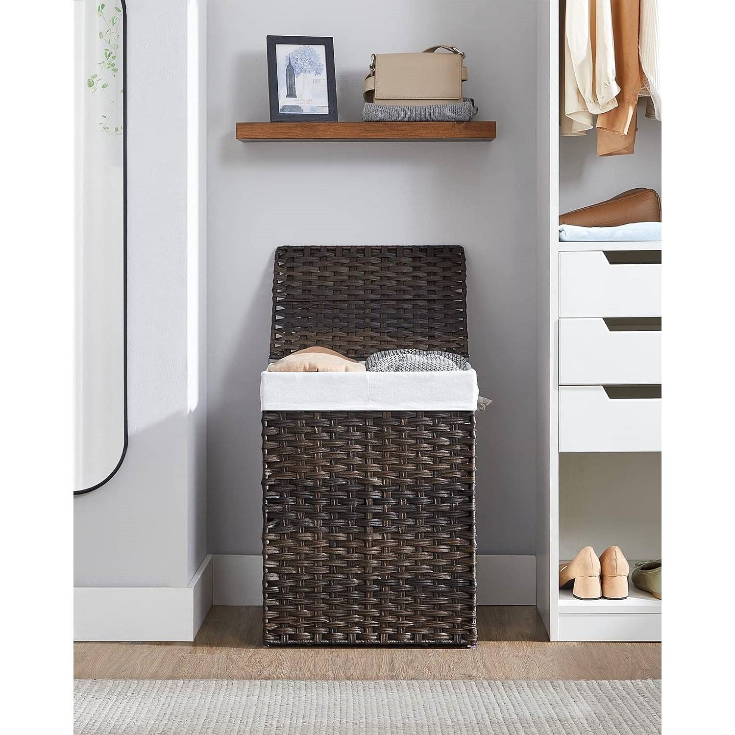 Brown PP Rattan 24-Gal Laundry Hamper Basket w/ 2-Compartment Washable Liner Bag - Free Shipping 