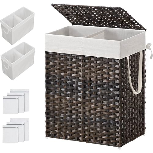 Brown PP Rattan 24-Gal Laundry Hamper Basket w/ 2-Compartment Washable Liner Bag - Free Shipping 