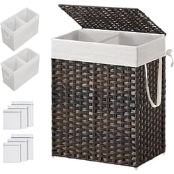 Brown PP Rattan 24-Gal Laundry Hamper Basket w/ 2-Compartment Washable Liner Bag - Free Shipping 