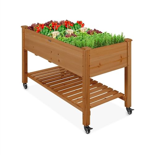 Outdoor Brown Wood Raised Garden Bed Planter Box with Shelf and Locking Wheels - Free Shipping 